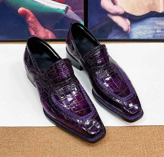 Crocodile Shoes, Crocodile Leather Norwegian Sewn Dress Loafer Shoes Vintage Purple