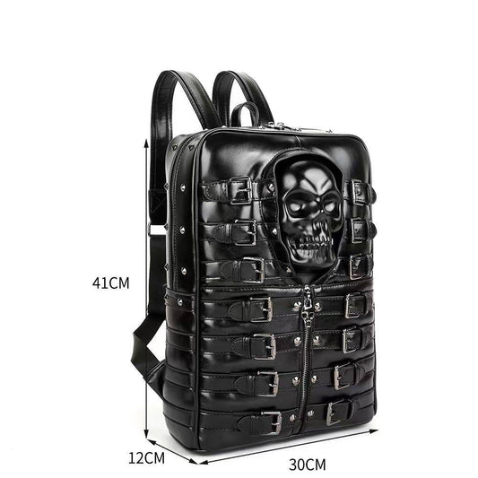 Ba lô đầu lâu 3D bằng da PU, khóa đinh tán, phong cách punk du lịch, túi đựng laptop