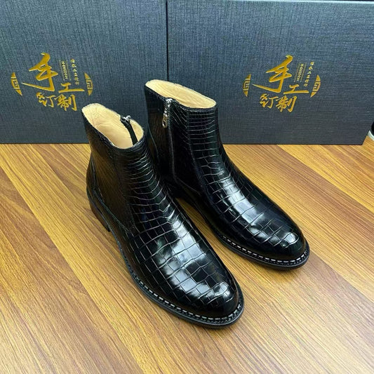 alt
Giày cá sấu đặt trước dành cho nam, bốt Chelsea da cá sấu có khóa kéo bên hông, nâu vintage
