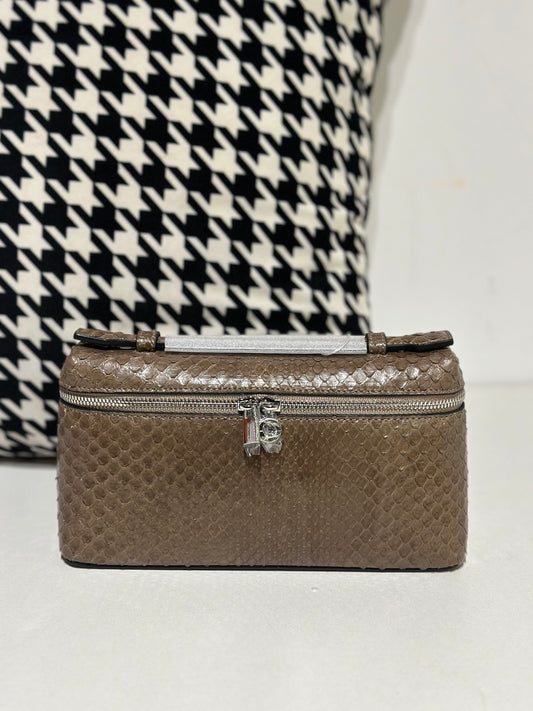 Borsa per cosmetici con manico e zip in vera pelle di pitone