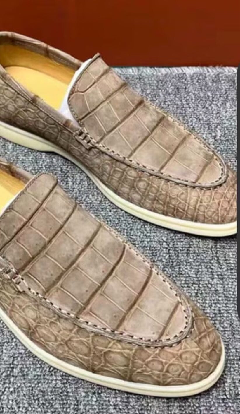 Đặt trước sandal da cá sấu, da cá sấu nubuck thật màu be