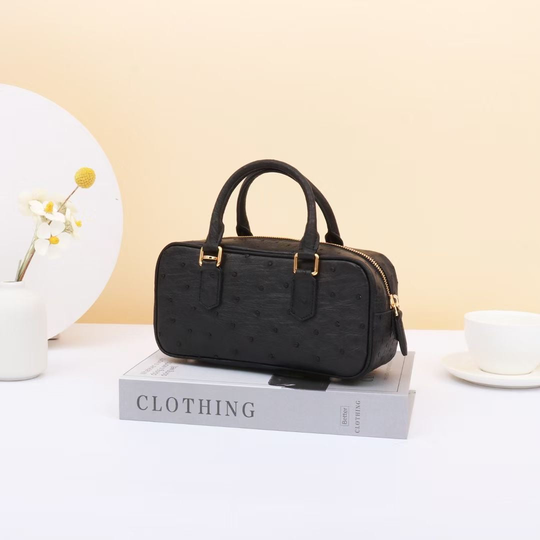 Genuine Ostrich Skin Leather Mini Top Handle Bowler Bag