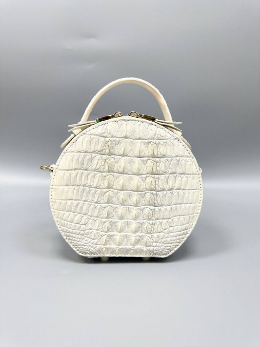Borsa da donna con manico in pelle effetto osso di coccodrillo, borsa rotonda a forma di mela in pelle di coccodrillo bianco Himalaya