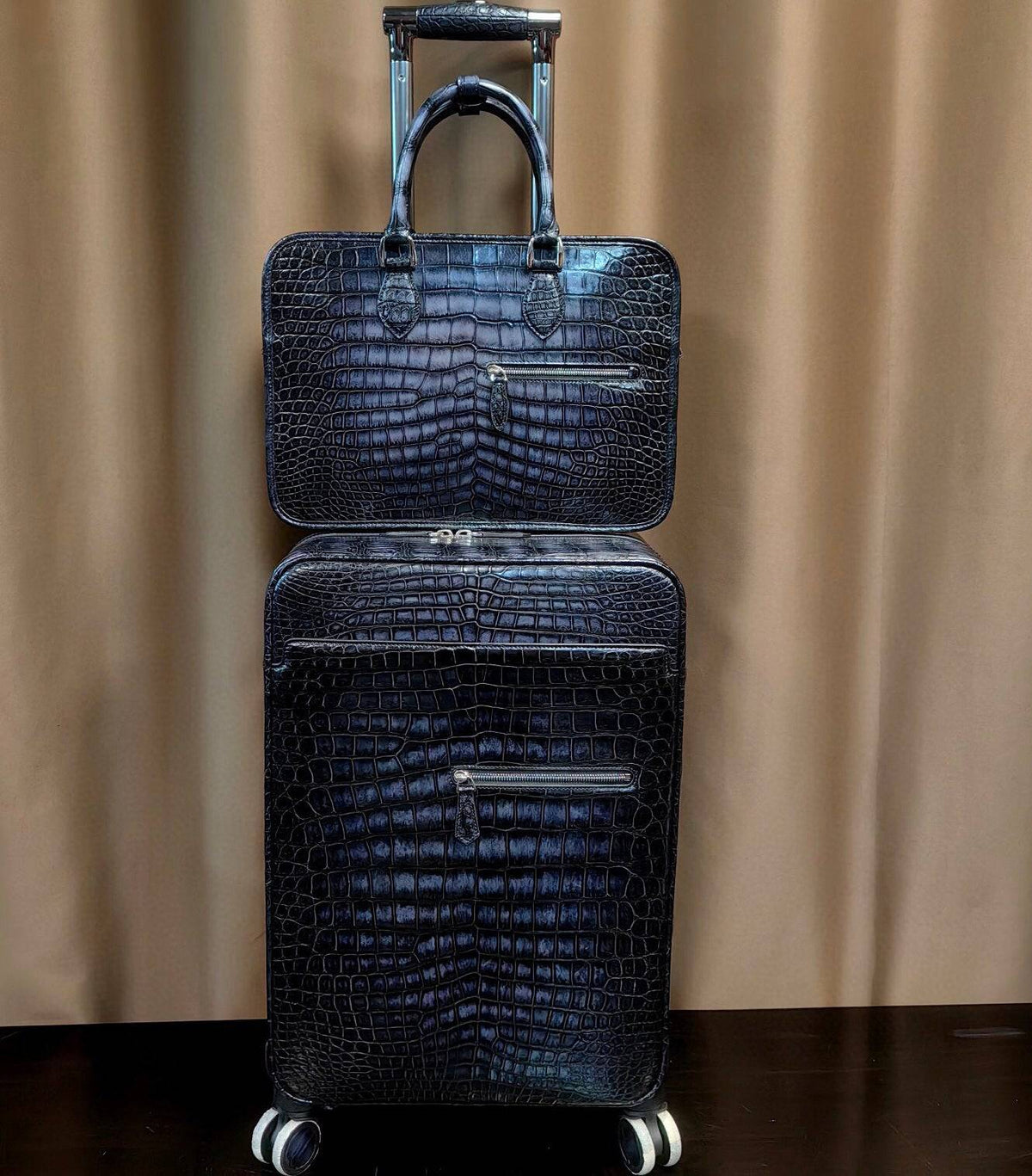 Retro Vintage Crocodile Leather Trolley/Roll Aboard Suitcase Weekend/Travel Bag Trolley Case Universal Wheels 20-Inch With Briefcase Sets