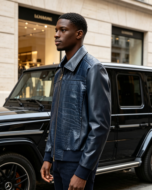 Crocodile & Lambskin Leather Jacket Dark Blue