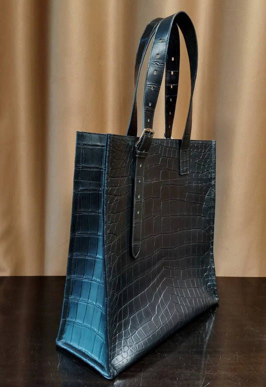 Preorder Unisex Black Crocodile Leather Large Shopper Tote Bag