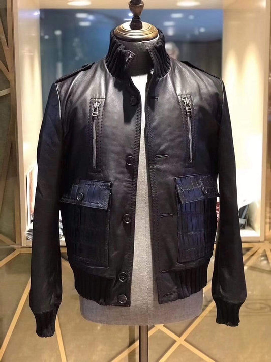 Black Leather Jacket Có Bo Tay Và Cổ Áo Jersey Gân Cổ Điển