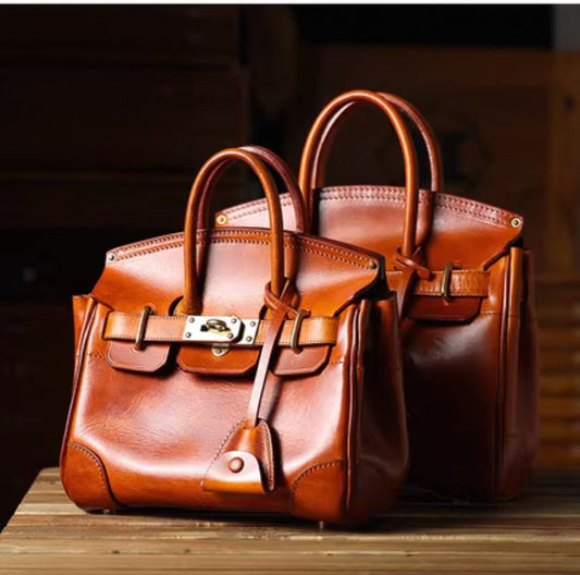Unisex Vintage Oil Wax Leather Top Handle Bags Three Size