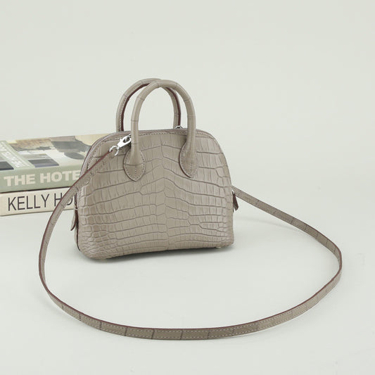 Prorder Genuine Crocodile Leather Shell Promennade Trapezoid Cross Body Bag Grey Small