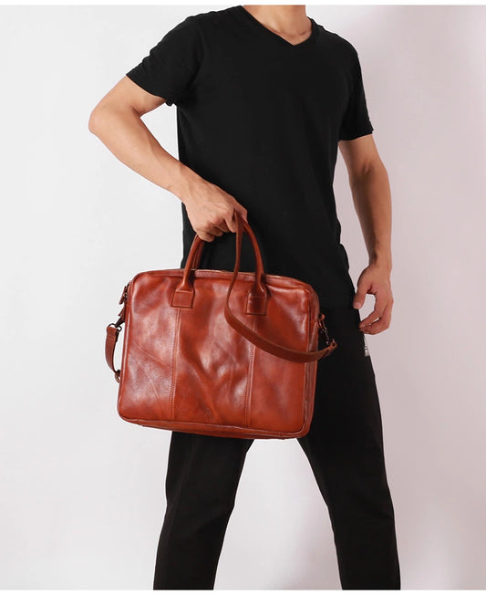 Vegetable Tanning Leather Large Briefcase,Business Laptop Handle Bag