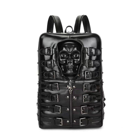 Ba lô đầu lâu 3D bằng da PU, khóa đinh tán, phong cách punk du lịch, túi đựng laptop