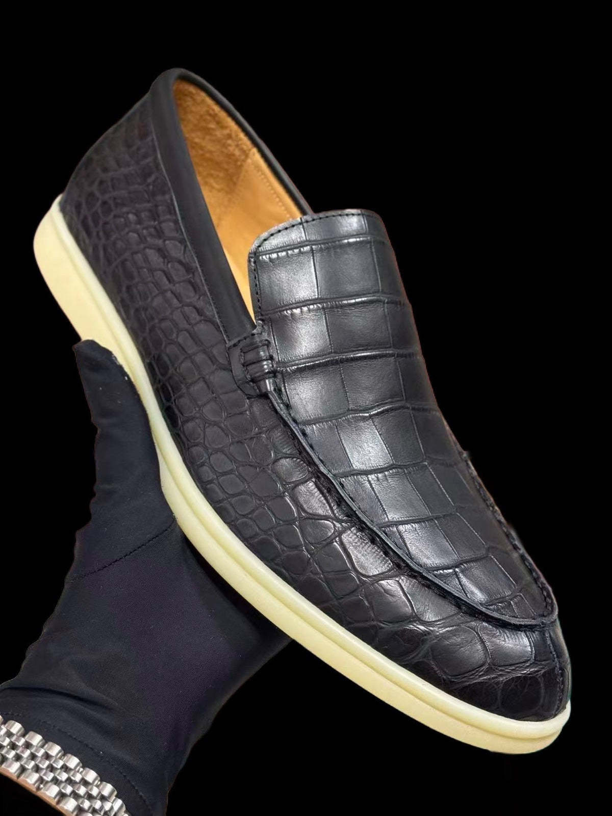 txt
Giày lười da nubuck vân cá sấu đặt trước, màu đỏ rượu vang/cam/xám đậm