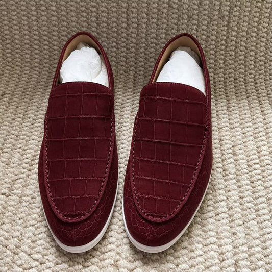 Giày da cá sấu nubuck đặt trước, giày lười nam da cá sấu xỏ chân, giày tây màu đỏ rượu vang cực kỳ thoải mái