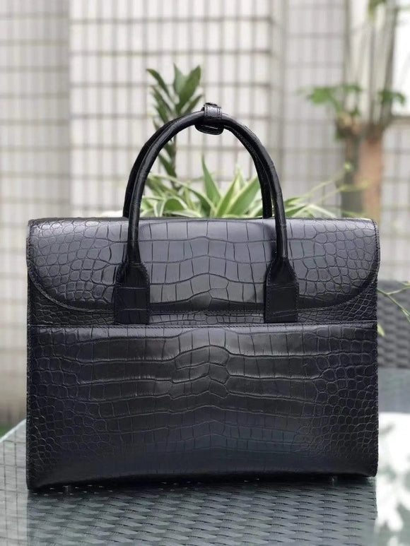 Black Genuine Crocodile Leather Foldover Briefcase