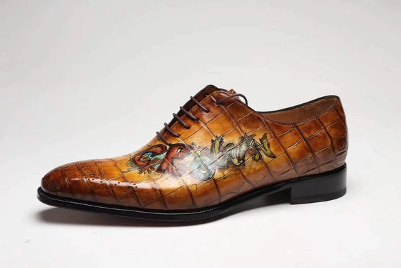 Brown Crocodile Leather Shoes Men Lace Up Business Formal Dress Shoes With Hand Paiting Floral