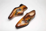 Brown Crocodile Leather Shoes Men Lace Up Business Formal Dress Shoes With Hand Paiting Floral