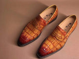 Brown Crocodile Leather Slip On Loafer Shoes