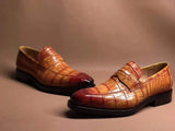 Brown Crocodile Leather Slip On Loafer Shoes