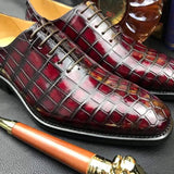 Burnished Burgundy Derby Crocodile Belly  Leather Lace-Up Shoes For Men