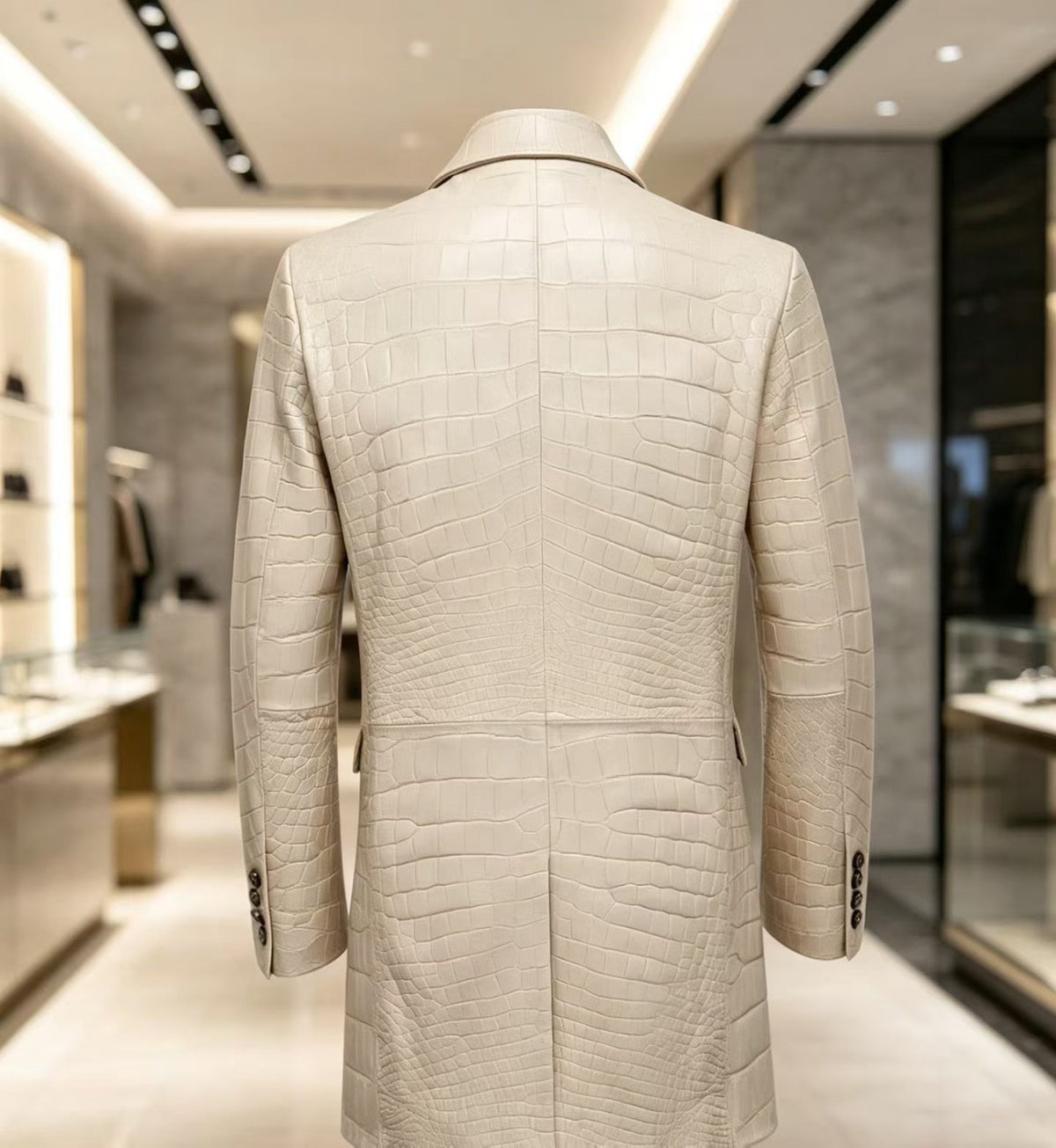 Men's White Crocodile Leather Long Coat