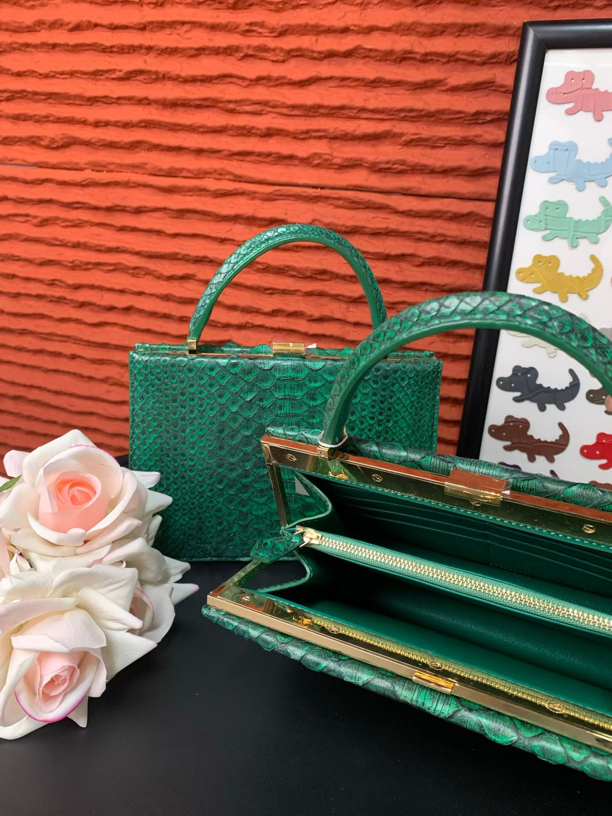 Genuine Python Leather Top Handle Bag