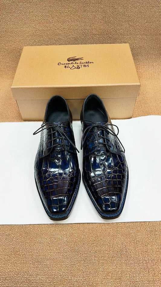 Crocodile Shoes, Men's Norwegian Sewn Lace Up Dress Shoes Vintage Blue