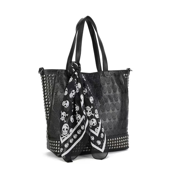 3D Large Shopper Bag,  Studded Embossed Skull Large Shopper Bag With Small Pouch & Scarf