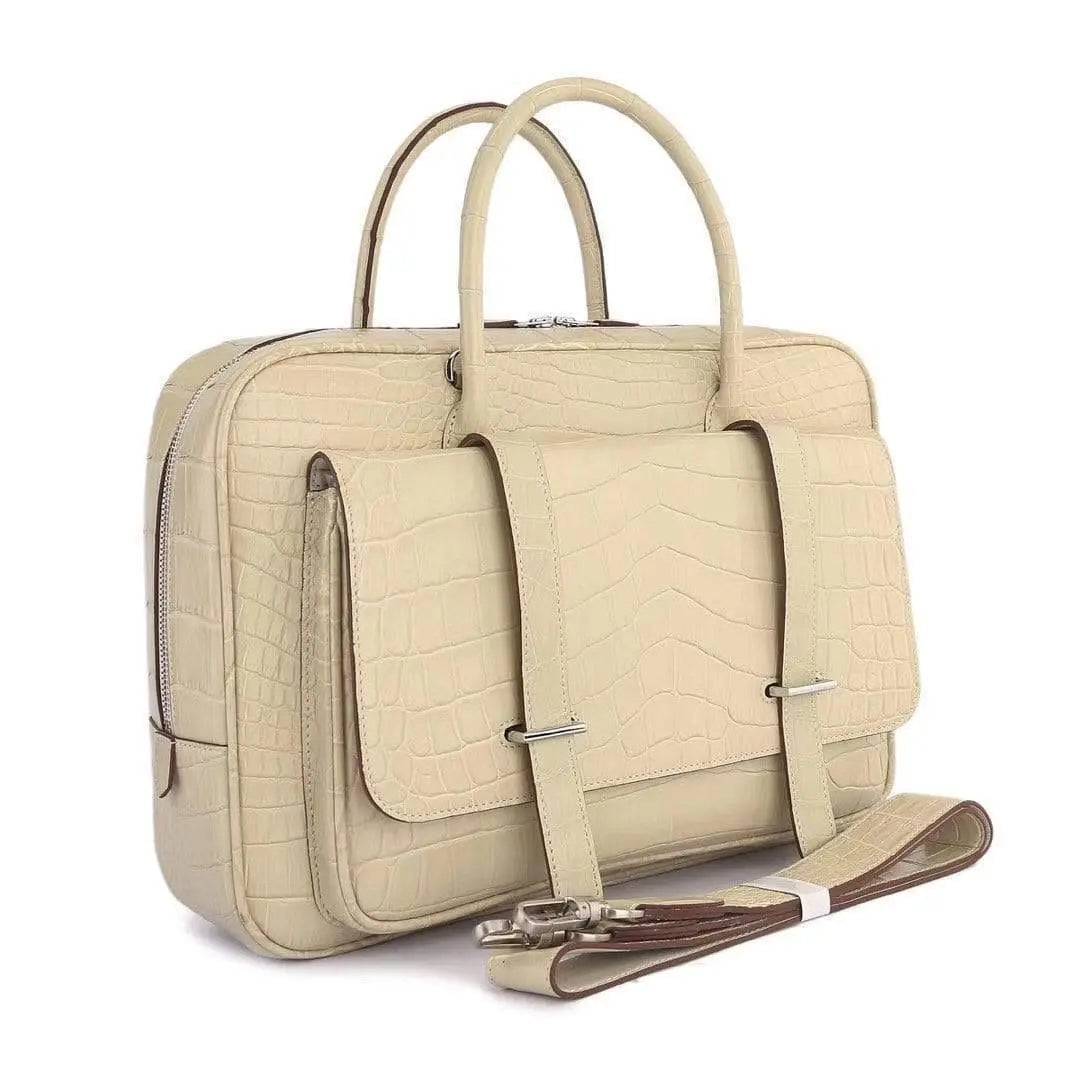Genuine Crocodile Leather Postman Bag Mens Messenger Bussiness Document Travel Laptop Briefcase Bags Cream