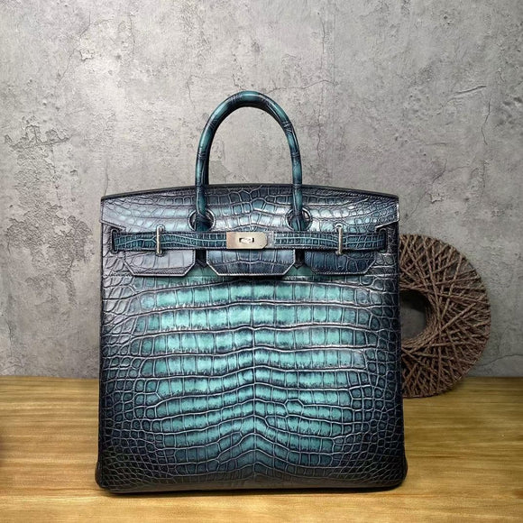 Genuine Crocodile Skin Leather 40cm Oversized  Padlock Business Handbags Office Bags Vintage Turquoise Green Color