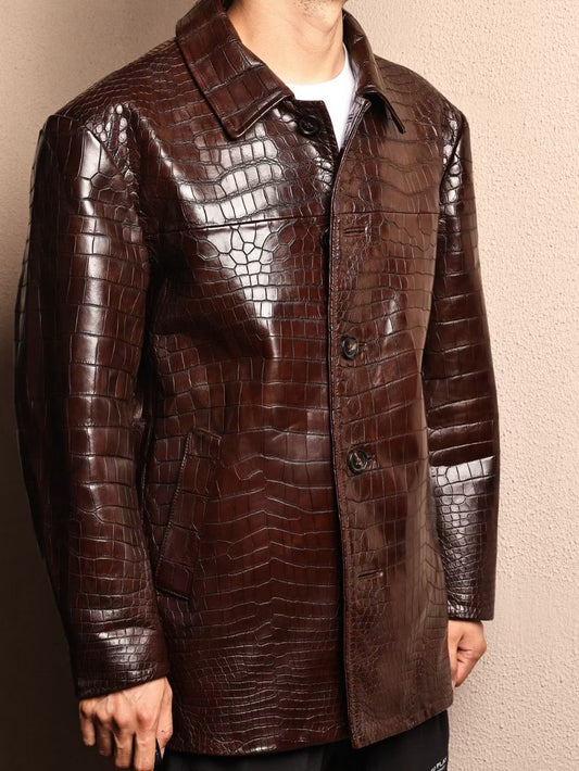 Crocodile Jacket , Men's Mid-Length Crocodile Skin Leather Chinese Tunic Suits Mandarin Collar Formal Jacket