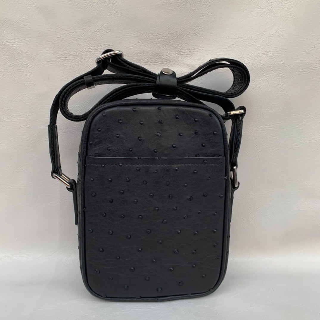 Men's Ostrich Skin Leather Cross Body Messenger Bag With Front Zip Pocket