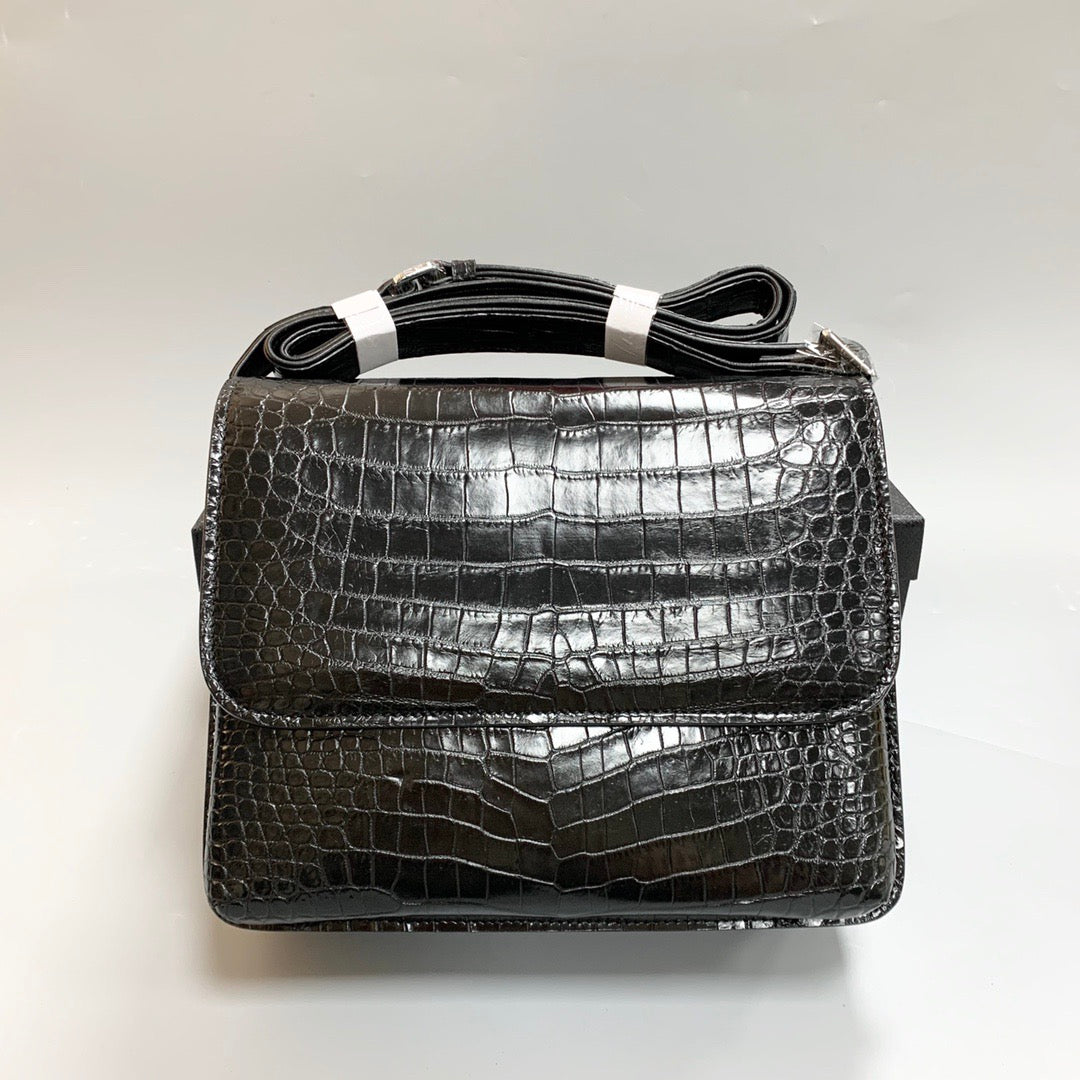 Unisex Genuine Crocodile Skin Leather Messenger Cross Body Bag Black