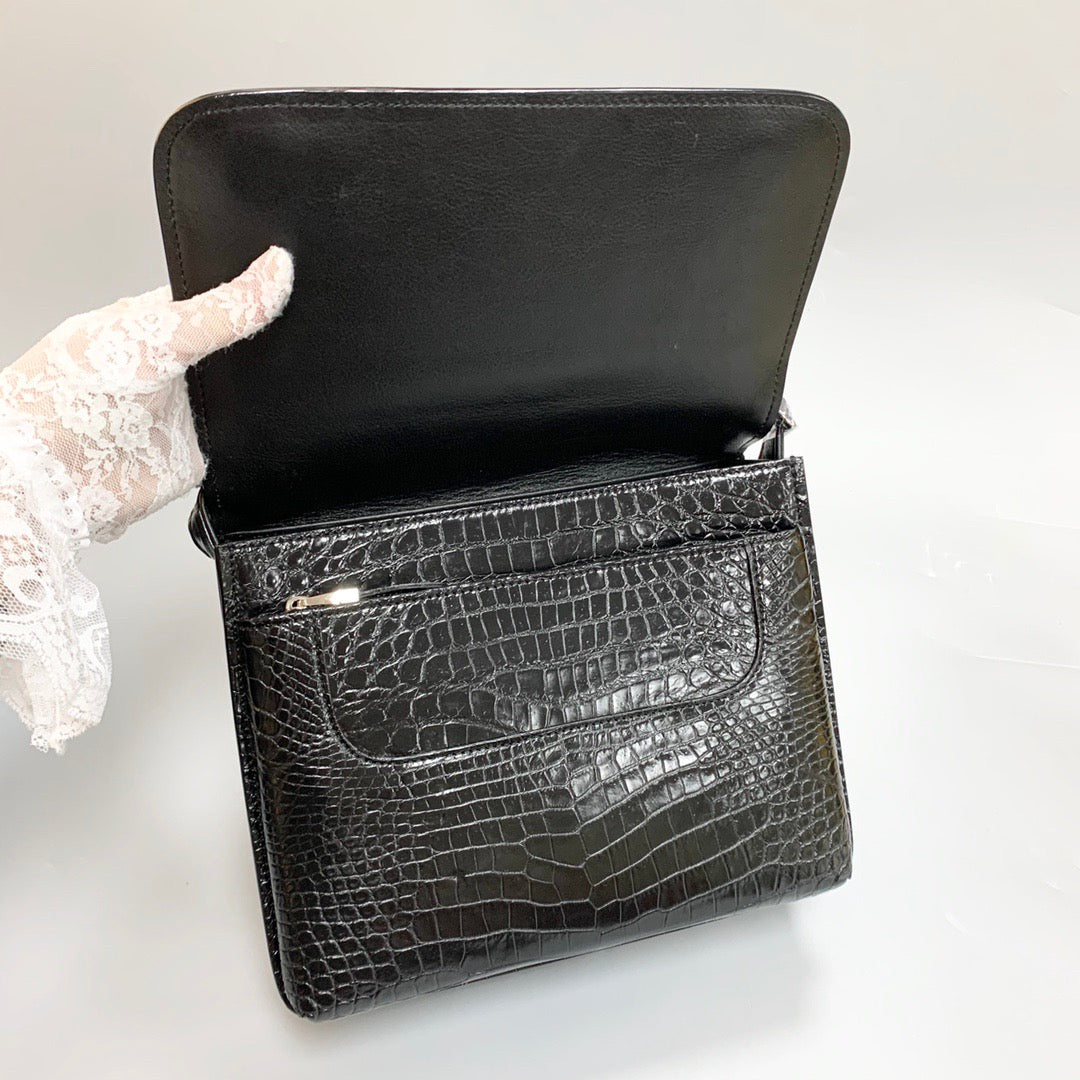 Unisex Genuine Crocodile Skin Leather Messenger Cross Body Bag Black