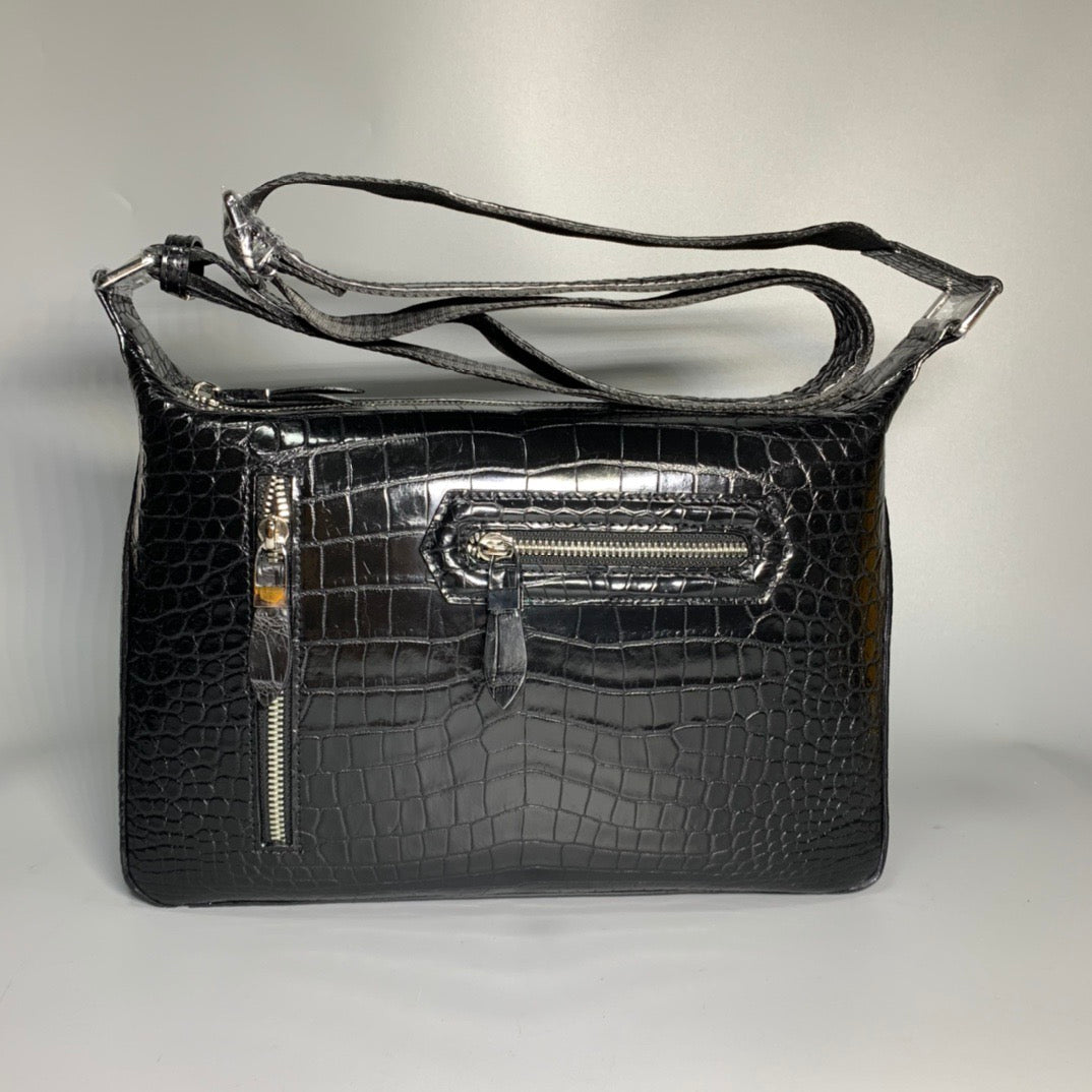 Unisex Genuine Crocodile Skin Leather Messenger Cross Body Bag Black