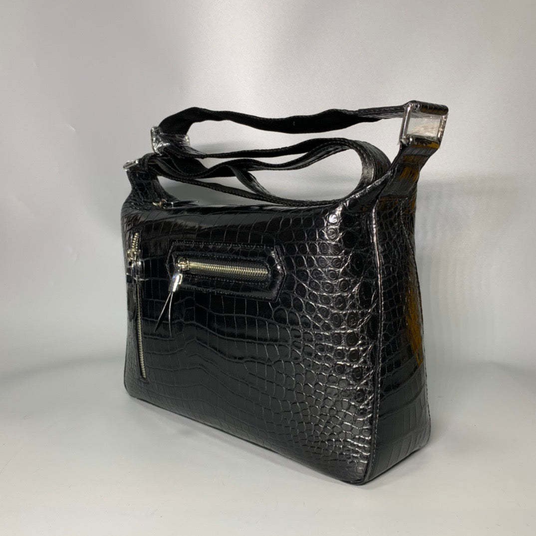 Unisex Genuine Crocodile Skin Leather Messenger Cross Body Bag Black