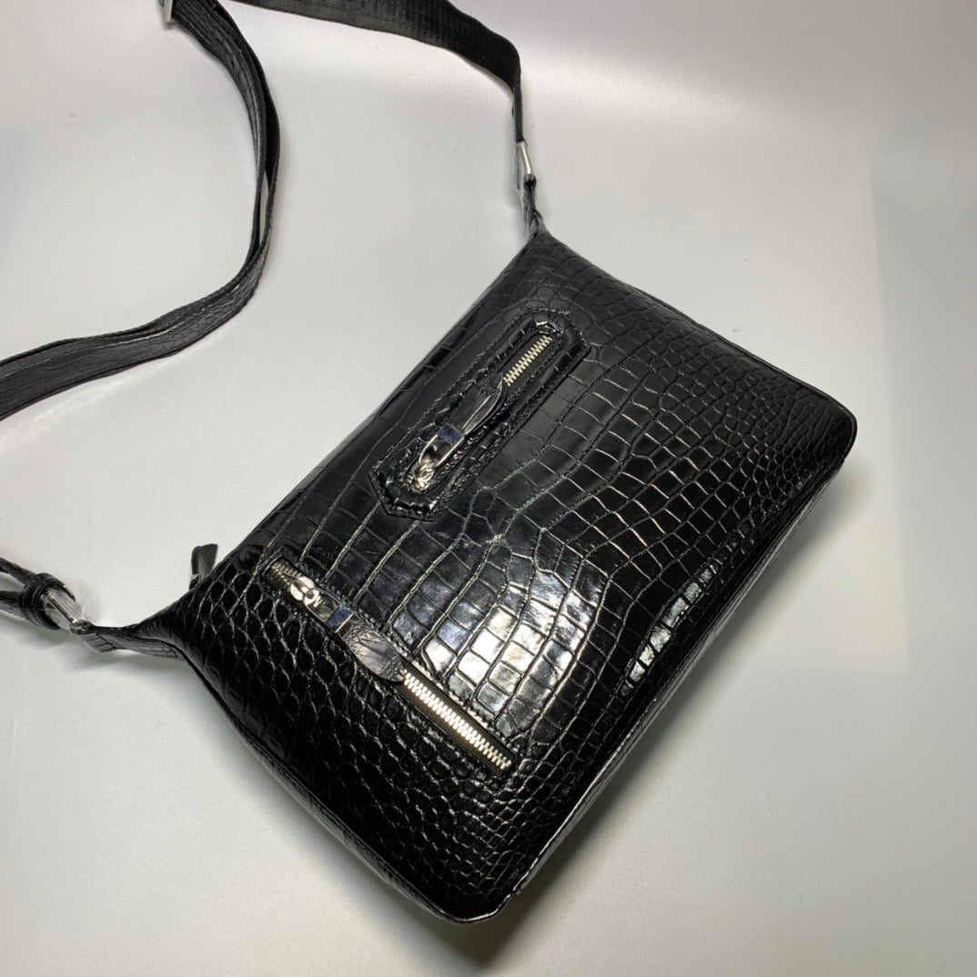 Unisex Genuine Crocodile Skin Leather Messenger Cross Body Bag Black