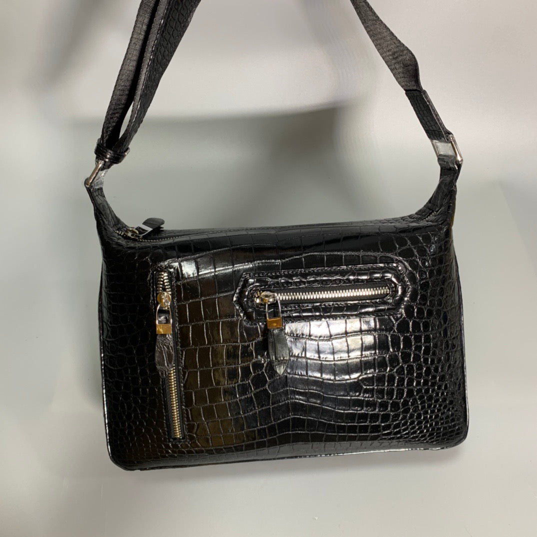Unisex Genuine Crocodile Skin Leather Messenger Cross Body Bag Black