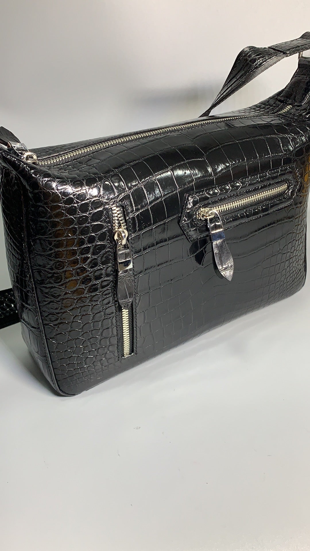 Unisex Genuine Crocodile Skin Leather Messenger Cross Body Bag Black