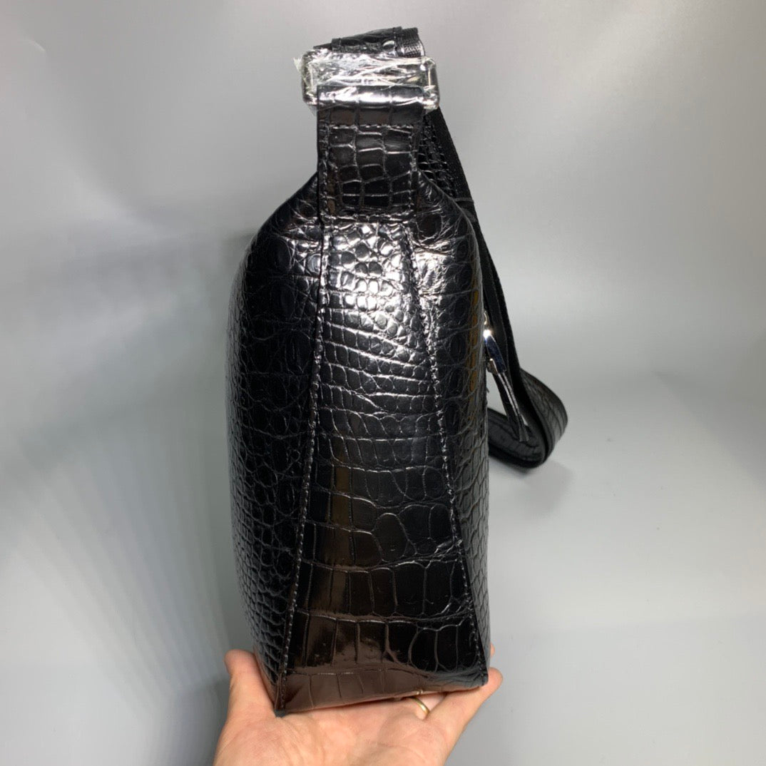 Unisex Genuine Crocodile Skin Leather Messenger Cross Body Bag Black