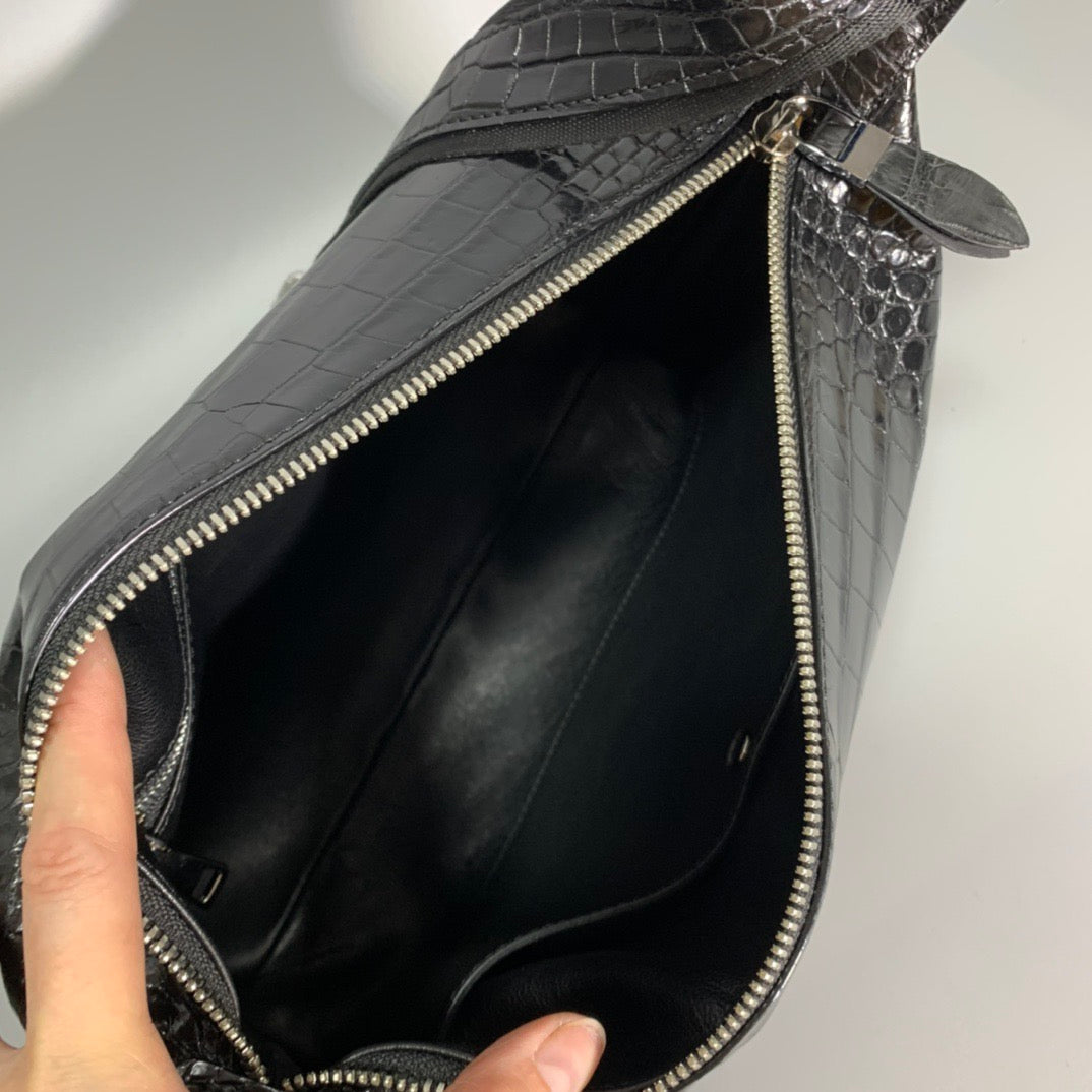Unisex Genuine Crocodile Skin Leather Messenger Cross Body Bag Black