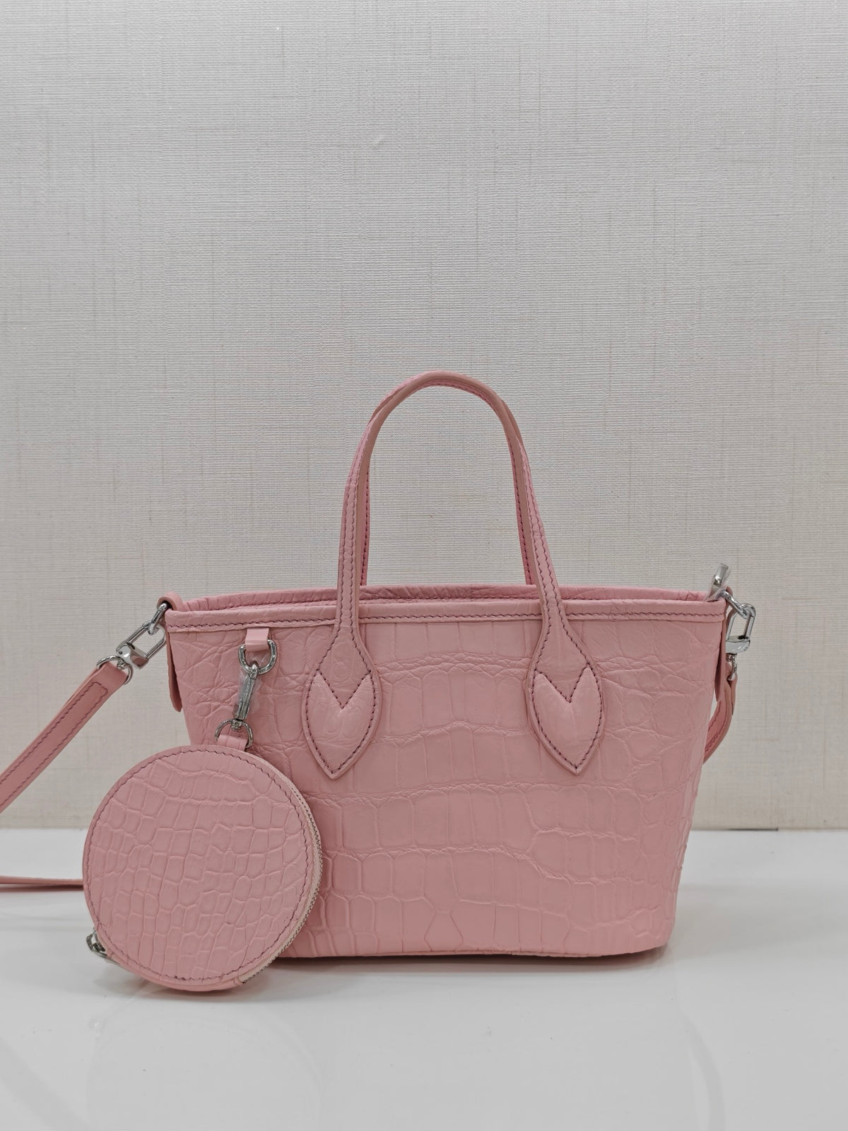 Women's Crocodile Leather Top Handle Bag With Small Round Pouch