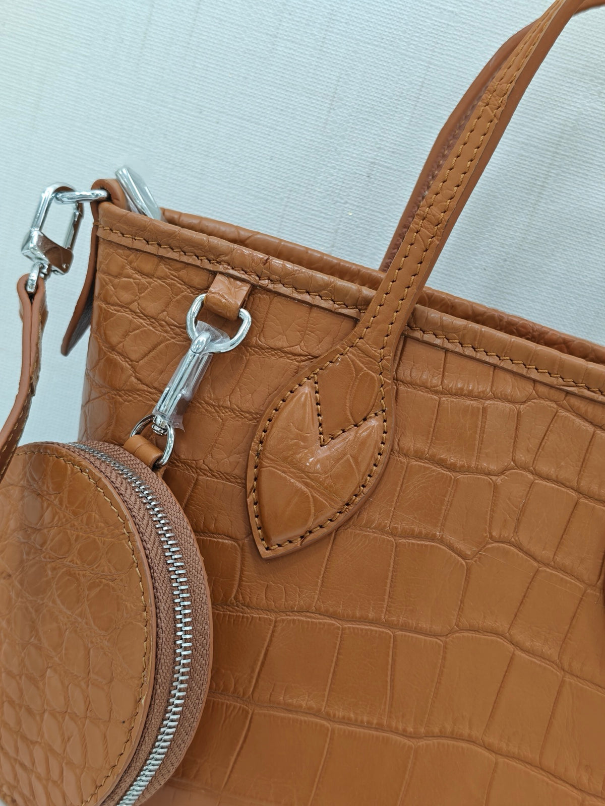 Women's Crocodile Leather Top Handle Bag With Small Round Pouch