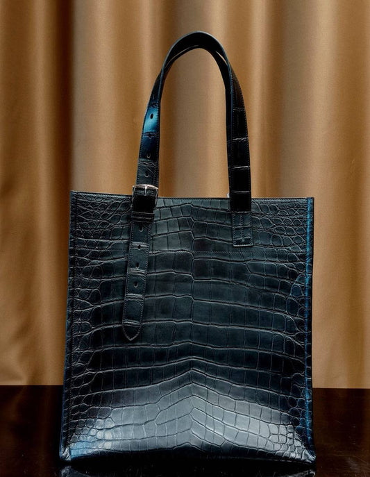 Unisex Black Crocodile Leather Large Shopper Tote Bag