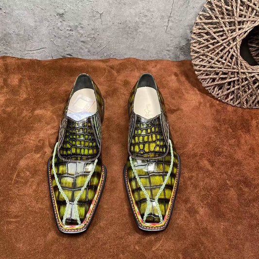 Crocodile Shoes Men's Crocodile Leather Norwegian Stitching Lace Up Dress Shoes Vintage Yellow