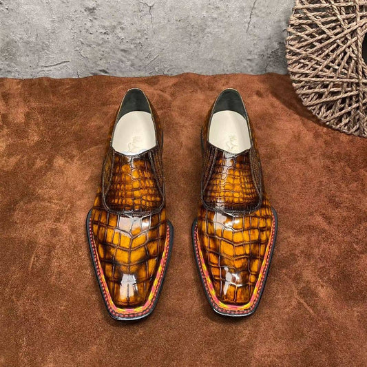 Crocodile Shoes Men's Crocodile Leather Norwegian Stitching Lace Up Dress Shoes Vintage Brown