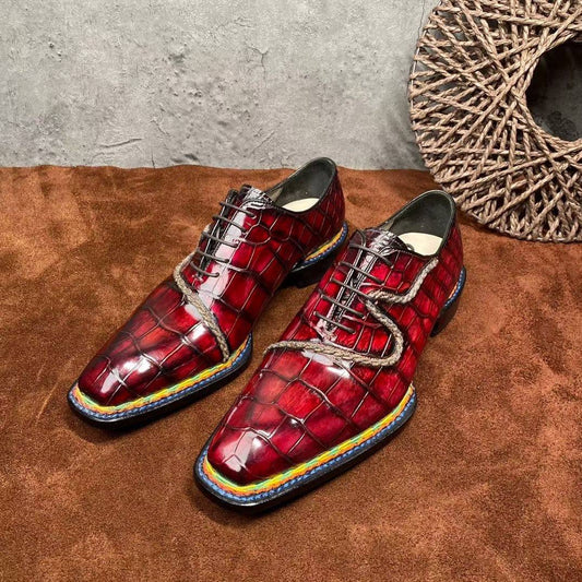Crocodile Shoes Men's Crocodile Leather Norwegian Stitching Lace Up Dress Shoes Vintage Wine Red