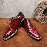 Men's  Crocodile Leather  Norwegian Stitching Lace Up Dress Shoes Vintage Wine Red