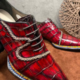 Men's  Crocodile Leather  Norwegian Stitching Lace Up Dress Shoes Vintage Wine Red