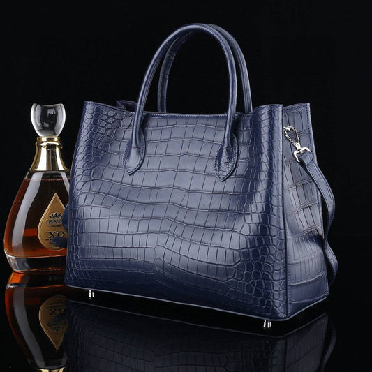 Autentica borsa satchel in pelle di coccodrillo, con manico superiore, a spalla e tote, blu scuro