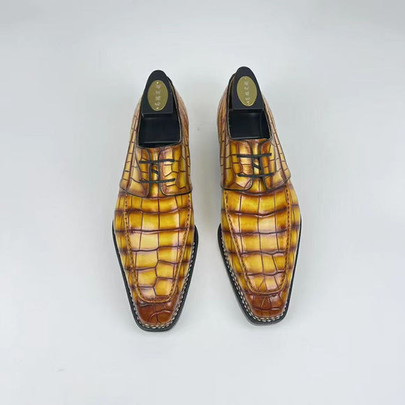 Crocodile Shoes Men's Crocodile Leather Norwegian Stitching  Fiddleback Sole  Lace Up Dress Shoes Vintage Amber Yellow